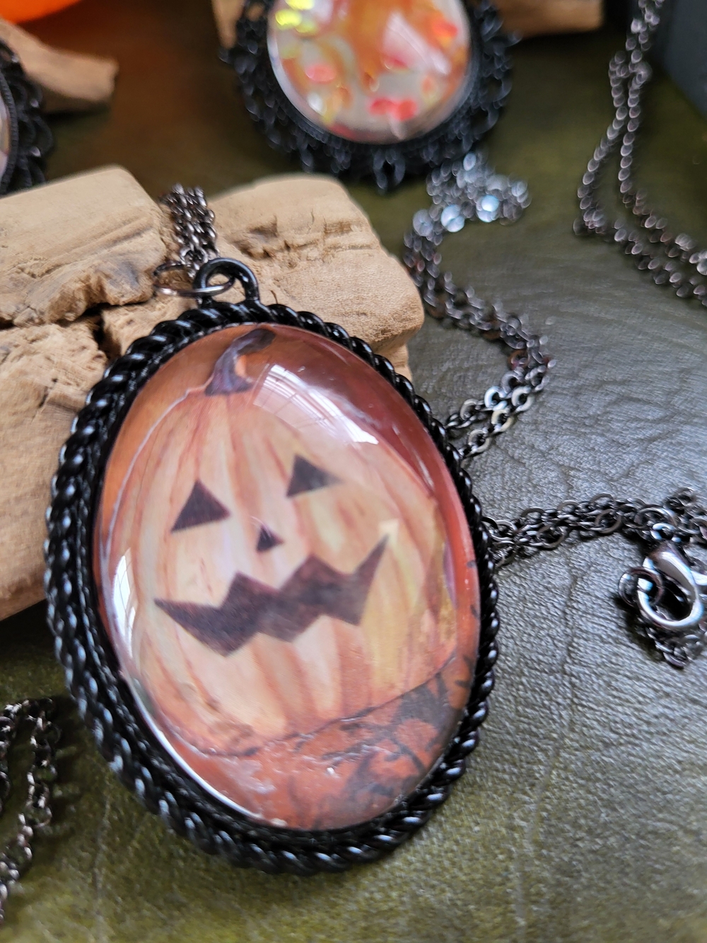 Halloween Pumpkin  Necklace - Black Chain